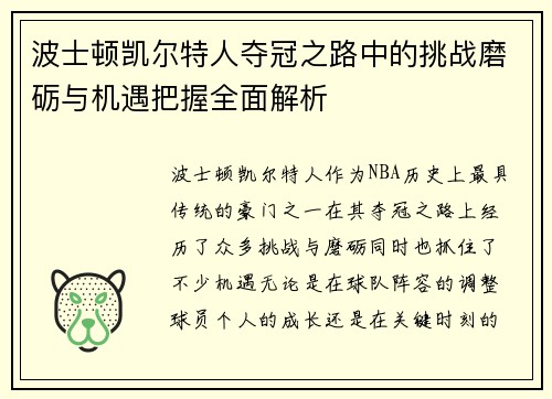 波士顿凯尔特人夺冠之路中的挑战磨砺与机遇把握全面解析